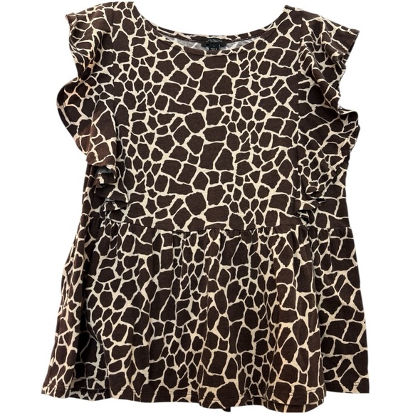 ANN TAYLOR Factory top, brown animal print, flutter sleeves. Waist seam, gathers - Picture 1 of 7